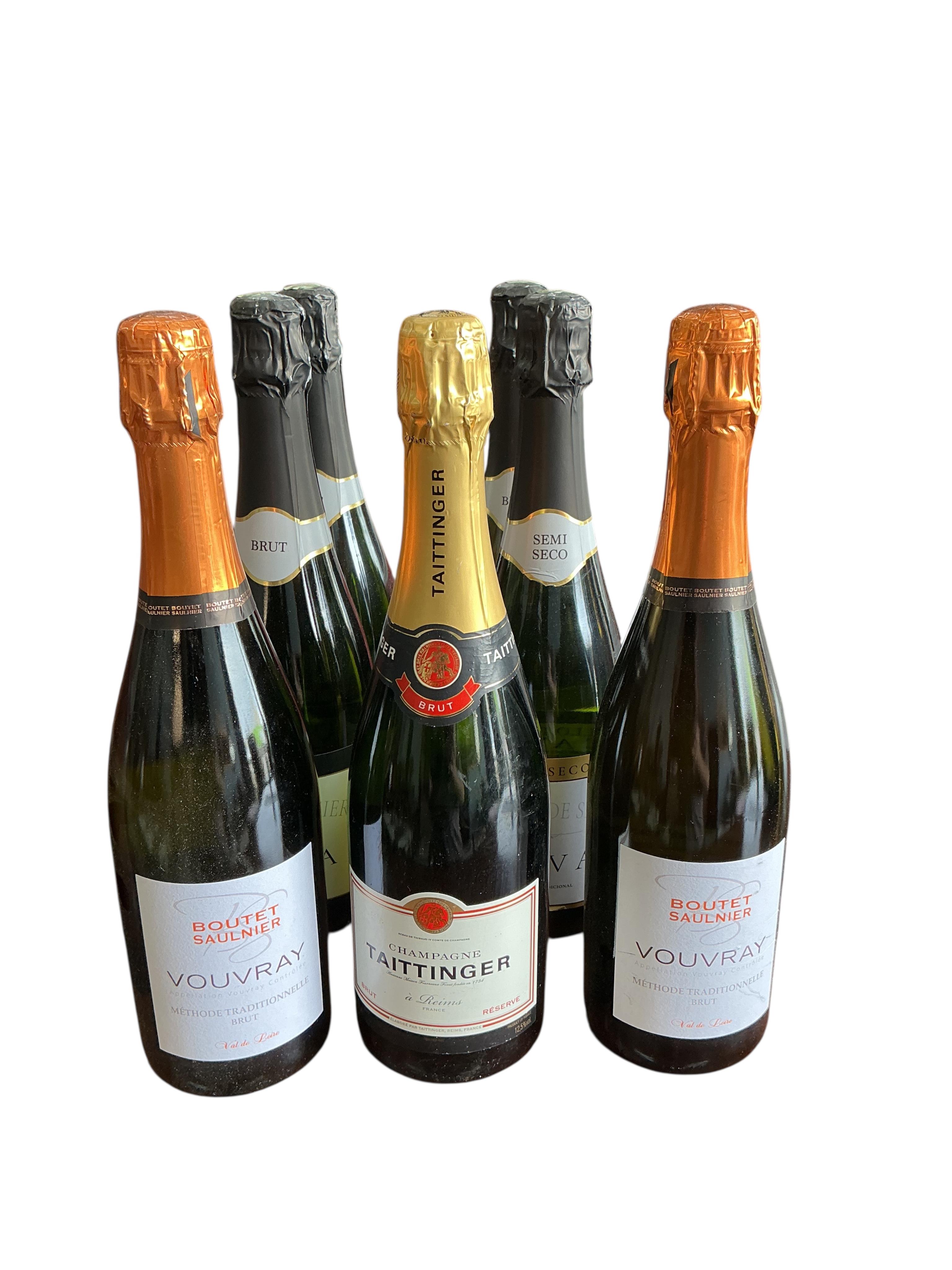 A bottle of Taittinger Brut Reserve Champagne, two bottles of Boutet Saulnier Vouvray and four bottles of Cava. (Provenance, surplus stock from a local wedding company)